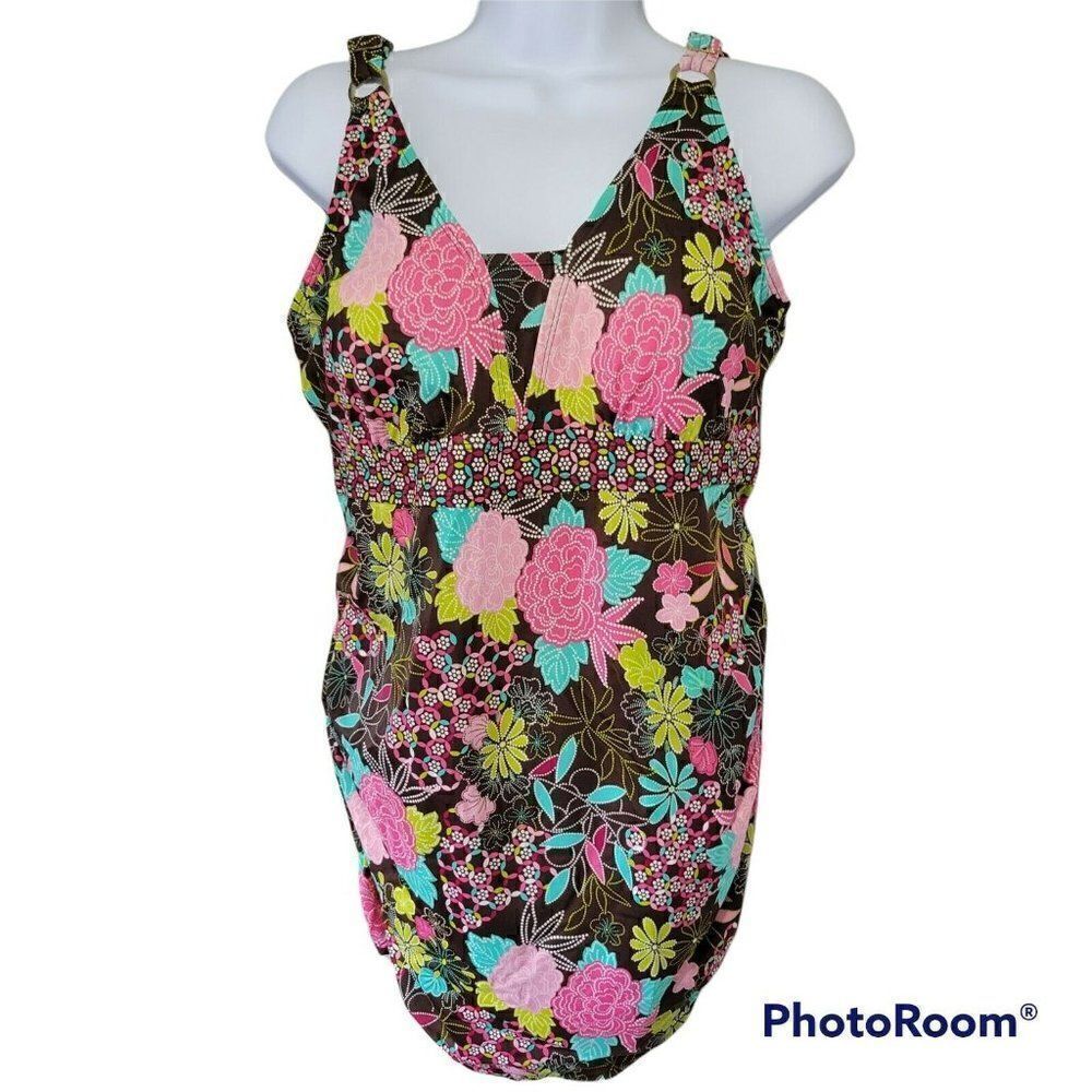 Motherhood Maternity Tankini Swim Top Womens Large Brown Pink Multicolor Ruched‎